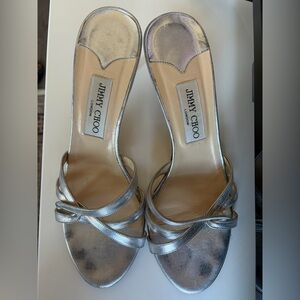 Jimmy Choo Silver Metallic Strappy Slide Heels